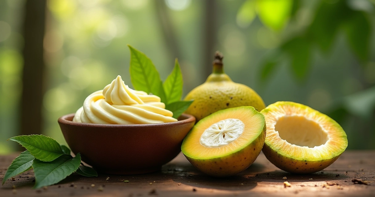 Manteiga de cupuaçu em tigela de cerâmica rodeada por frutos e folhas verdes frescas 