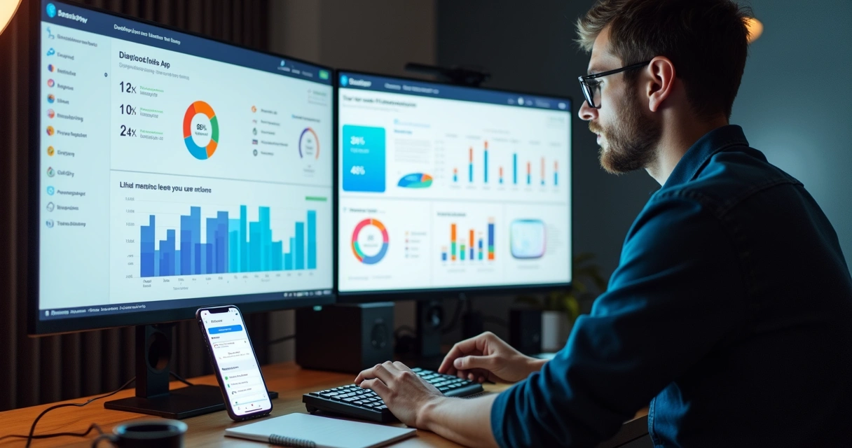 Desarrollador revisando métricas app móvil en monitor 