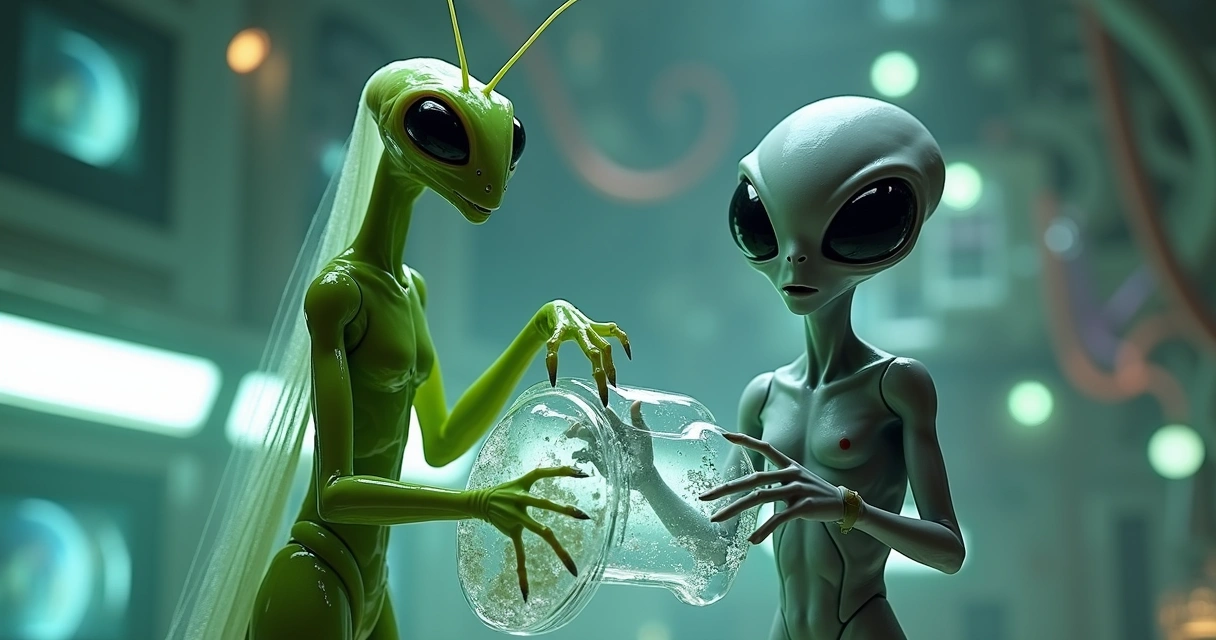 Mantis and Gray extraterrestrials in a laboratory working together 