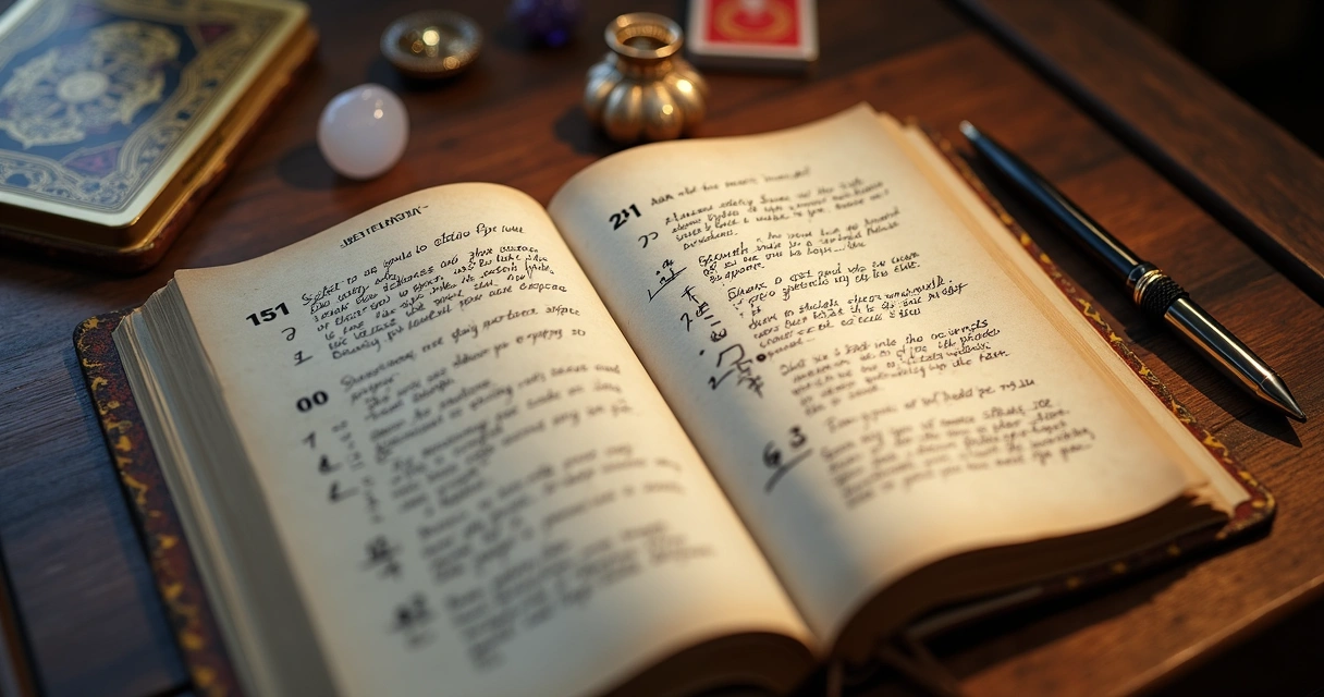 Caderno aberto mostrando anotações de mantras e números