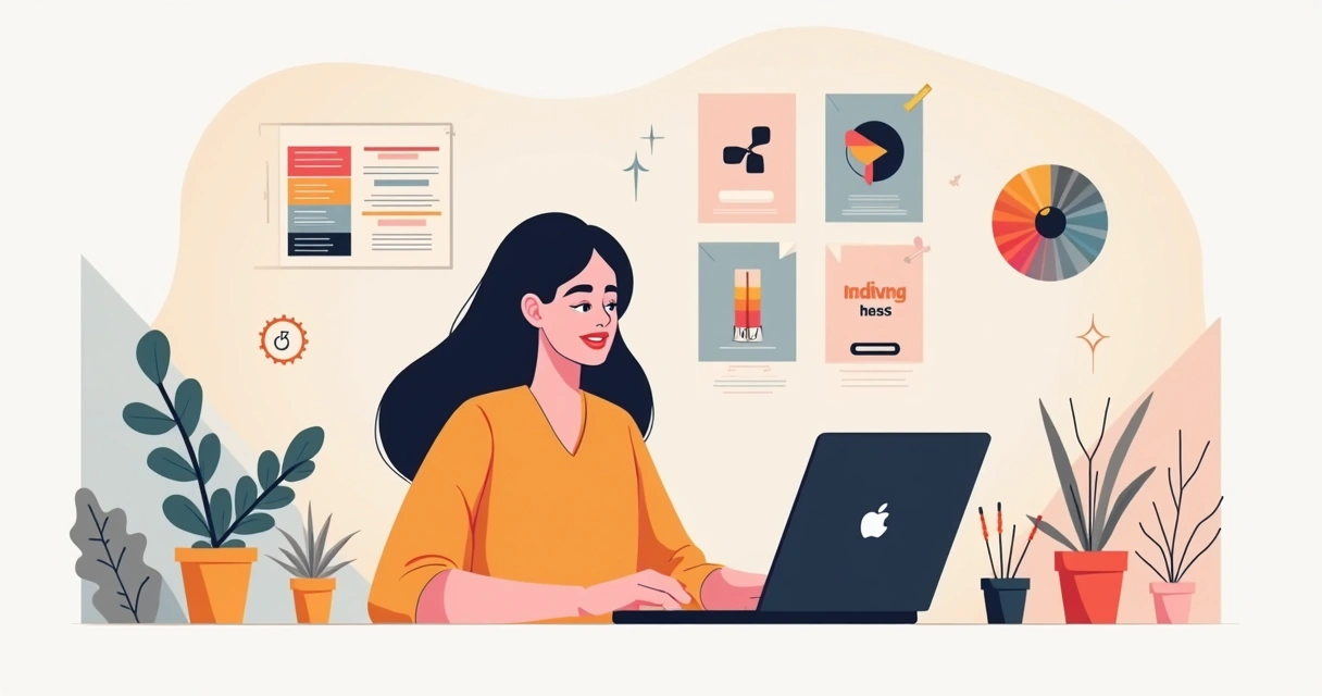 Ilustração flat corporativa de designer criando manual de marca em laptop na mesa com elementos de design e tecnologia ao redor 