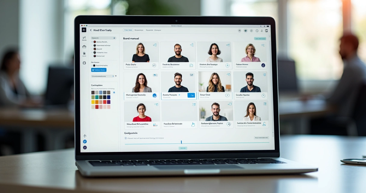 Manual digital de marca aberto no notebook com equipe colaborando online 