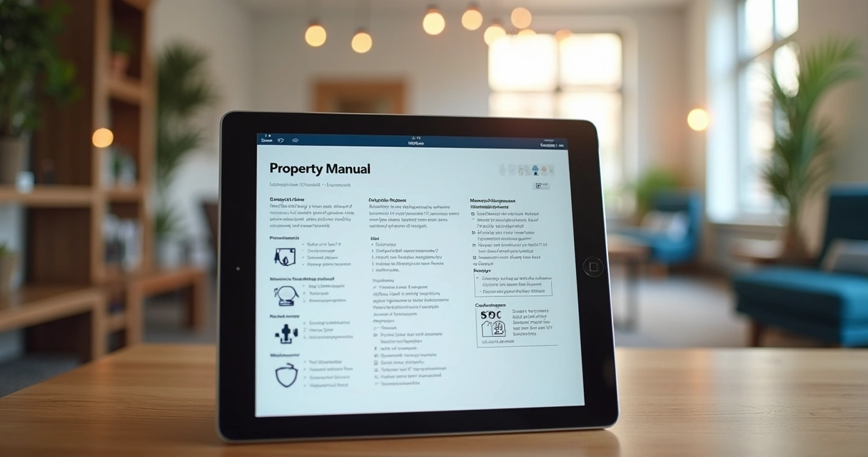 Manual digital exibido em tablet dentro de condomínio moderno 