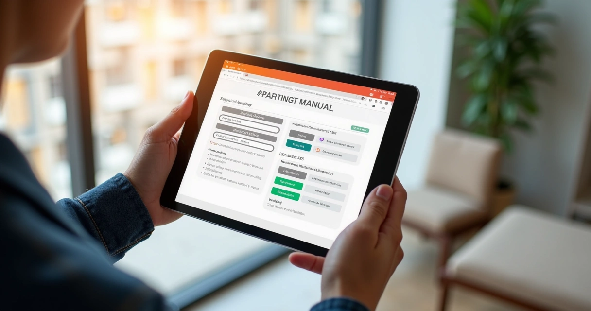 Manual digital do proprietário sendo acessado em tablet dentro de apartamento novo 