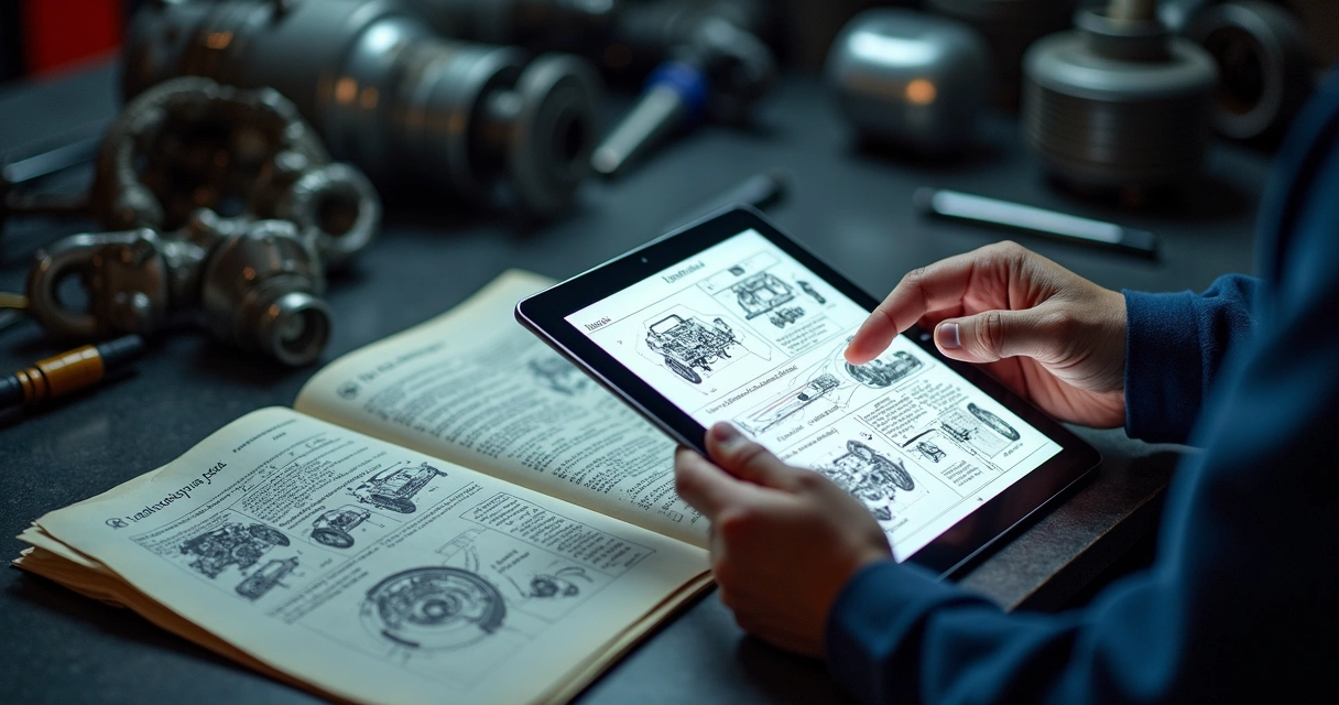 Manual técnico impresso aberto ao lado de tablet com manual digital em oficina