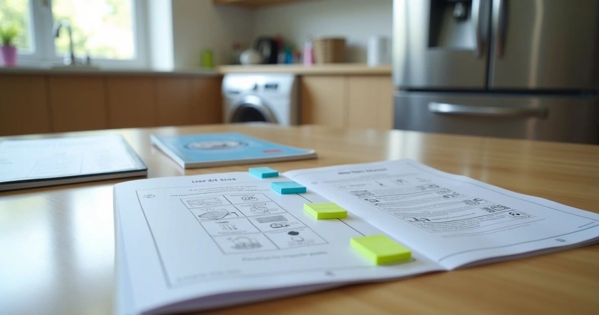 Manual aberto ao lado de eletrodomésticos em cozinha