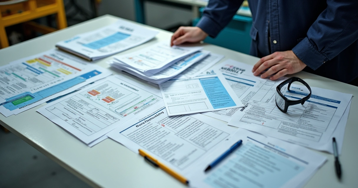 Manuais de máquinas industriais e checklist de segurança em mesa 