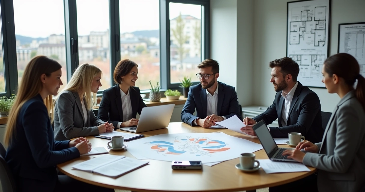 Equipe administrativa revisando manual de atendimento reunida em mesa redonda 