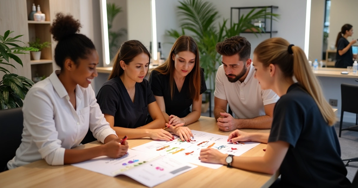 Equipe de beleza analisando manual em reunião 