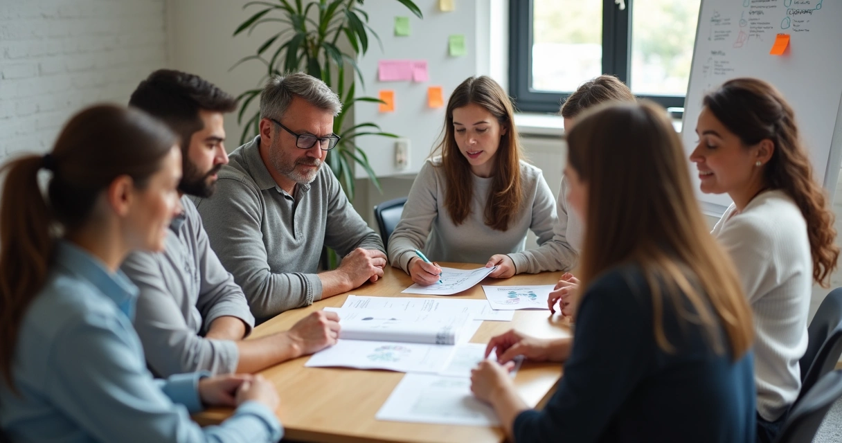 Funcionários reunidos revisando manual simples de integração 