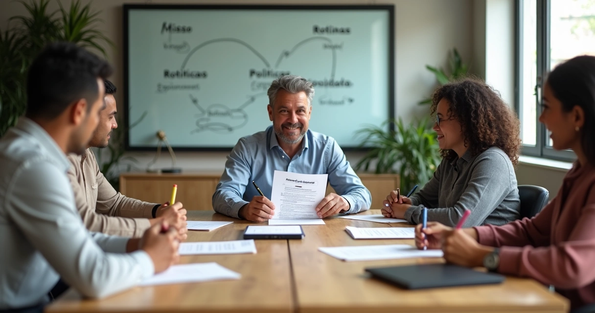 Dono de pequena empresa revisando manual do funcionário com colaboradores em sala de reunião simples 