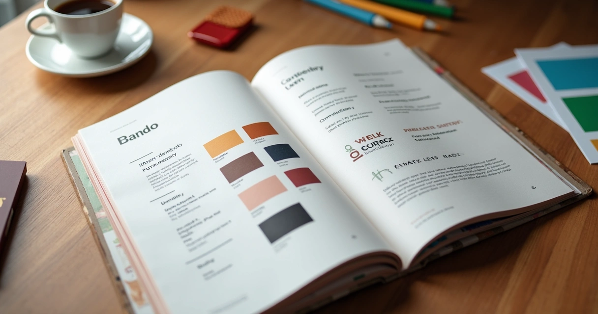 Manual de identidade visual aberto com exemplos de logotipo e paleta de cores 