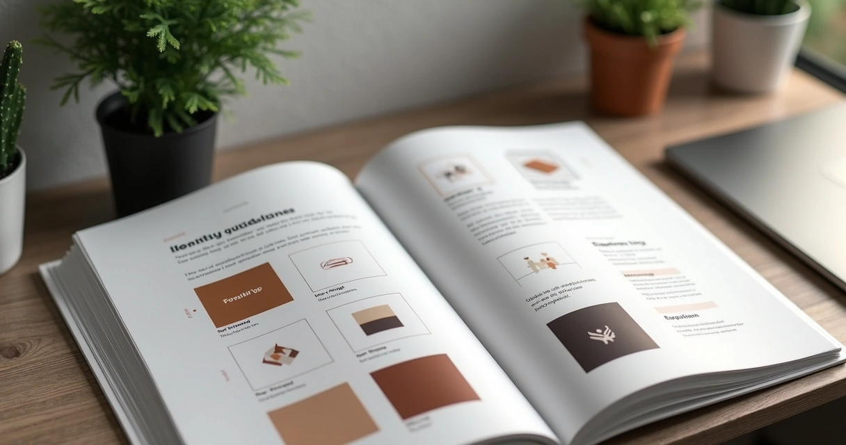 Manual de identidade visual aberto sobre mesa de trabalho, mostrando aplicações de logo e cores 