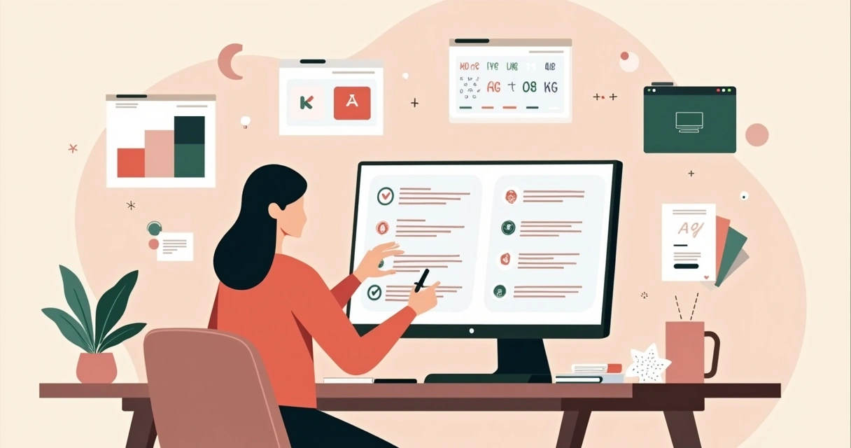 Ilustração de designer organizando checklist de manual de identidade visual na tela do computador 