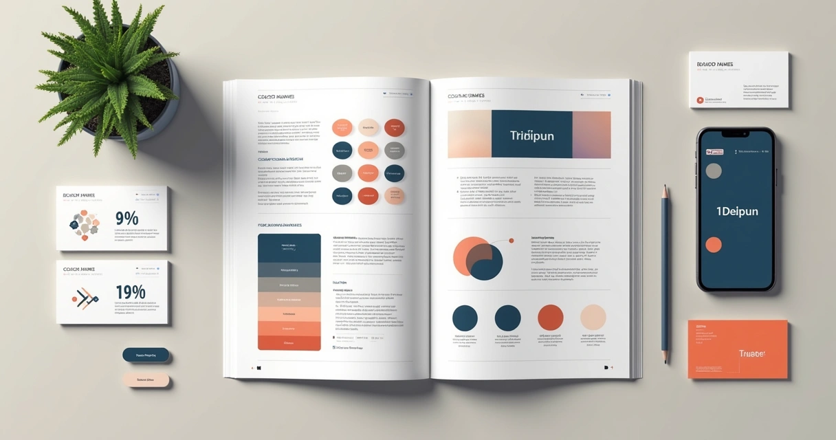 Manual de identidade visual aberto com padrões de cores, logos e tipografia