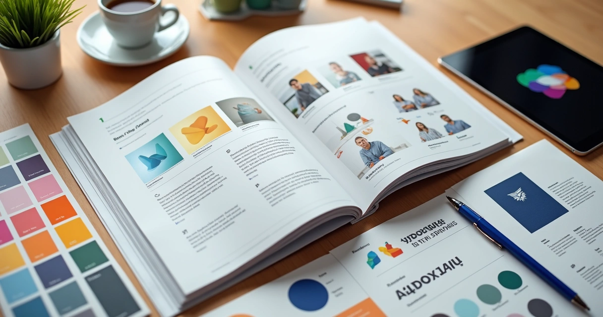 Manual de identidade visual aberto com exemplos de key visuals 
