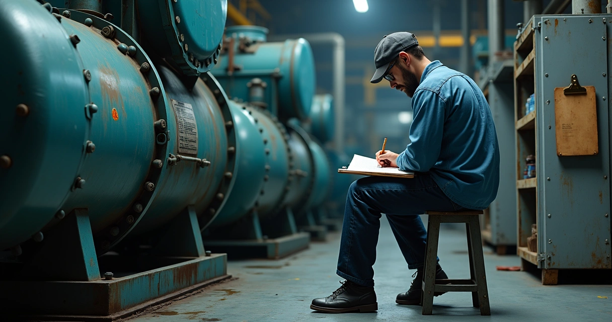 Technician writing a maintenance log in a notebook at an industrial plant. 