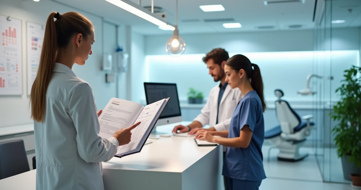 Gestor de clínica odontológica revisando manual operacional ao lado de equipe na recepção 