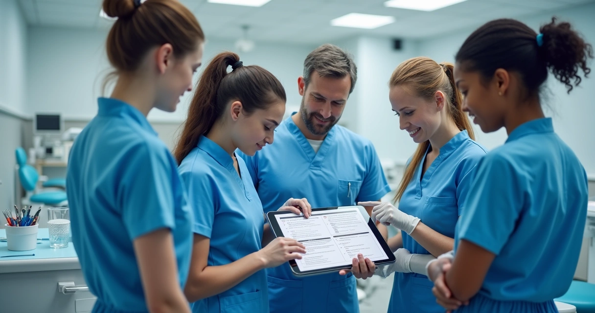 Equipe odontológica reunida analisando manual digital de procedimentos 