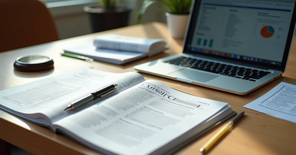 Mesa de trabalho com manuais de perícia judicial, anotações e laptop 