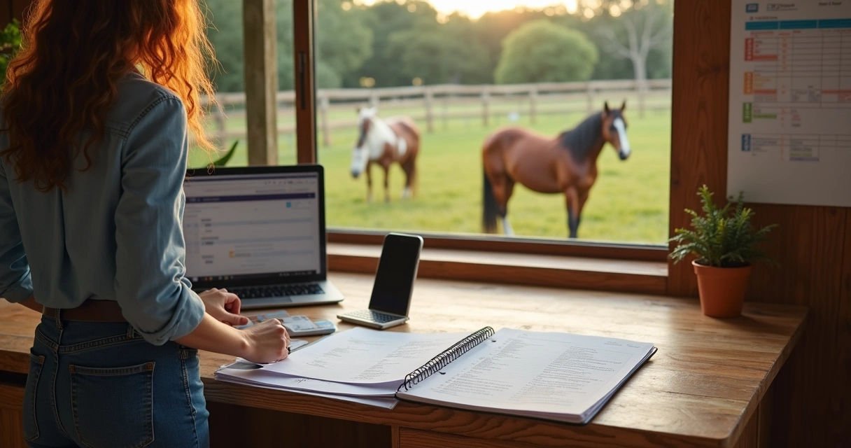 Gestor de haras revisando manual de procedimentos com cavalos ao fundo 