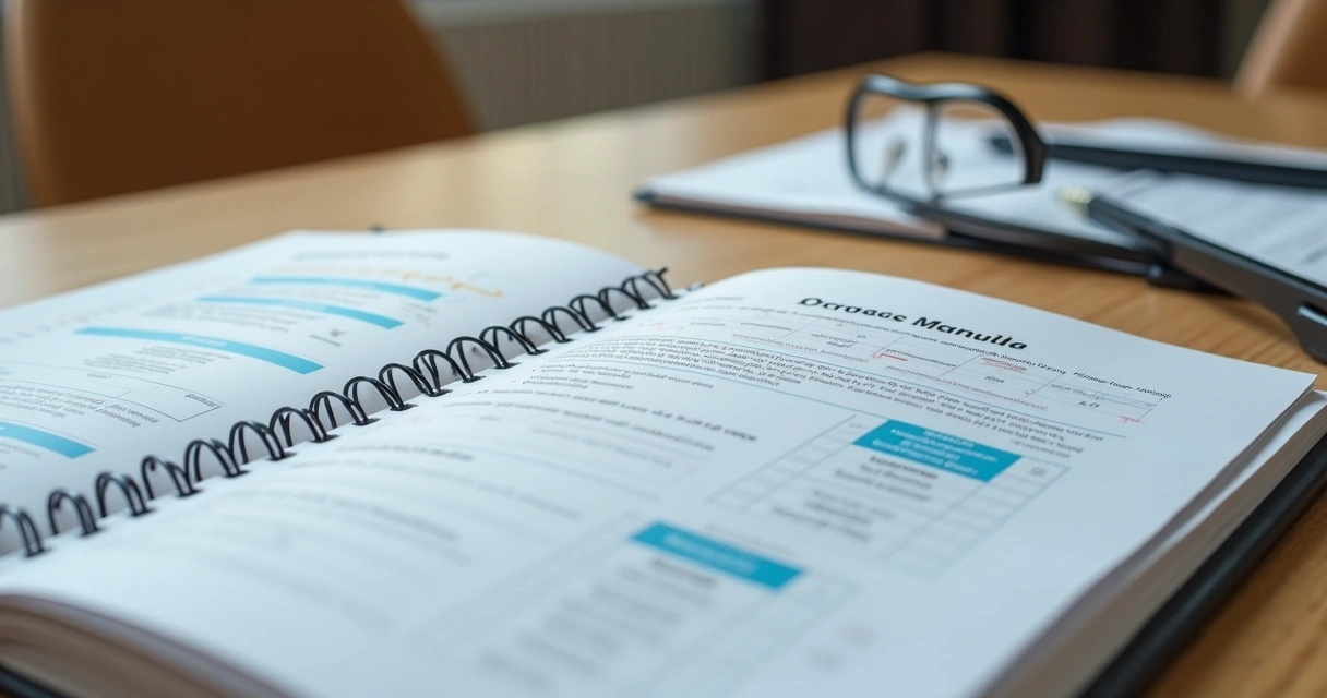 Manual de processos aberto em mesa com óculos e caneta 