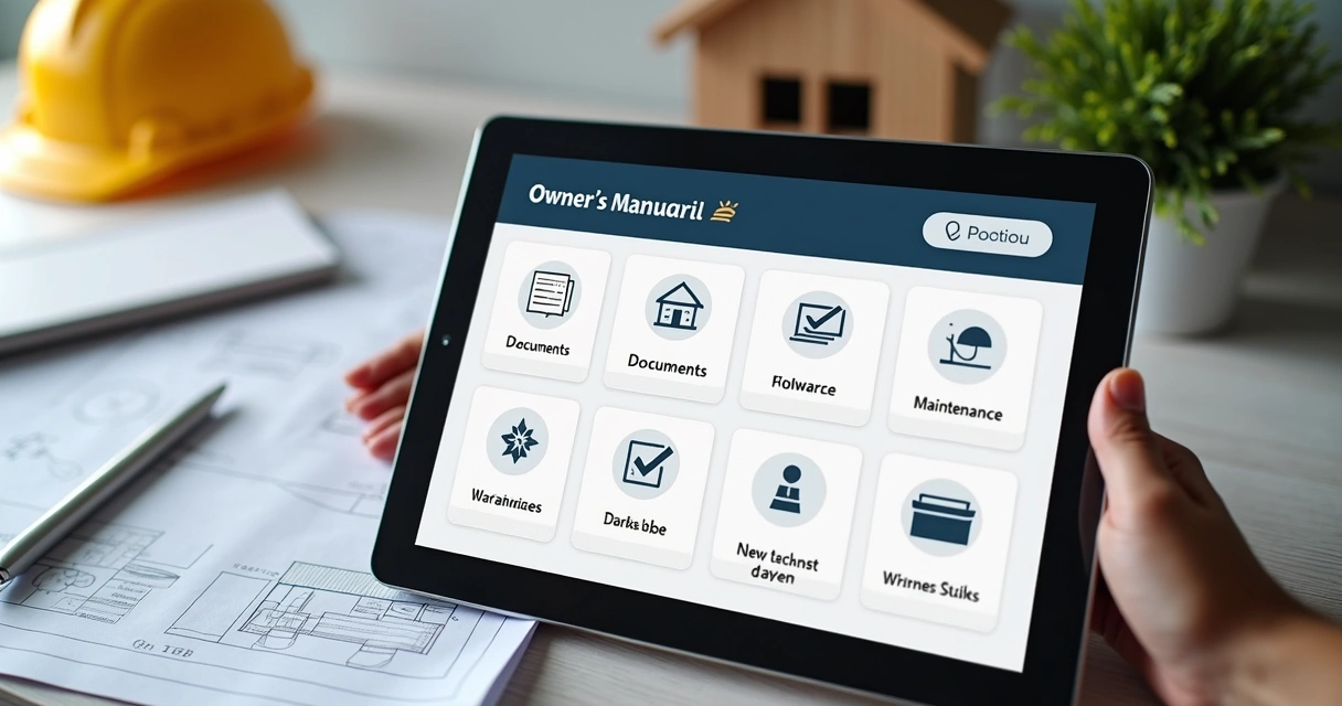 Interface digital de manual do proprietário com menu, notificações e histórico de manutenções. 
