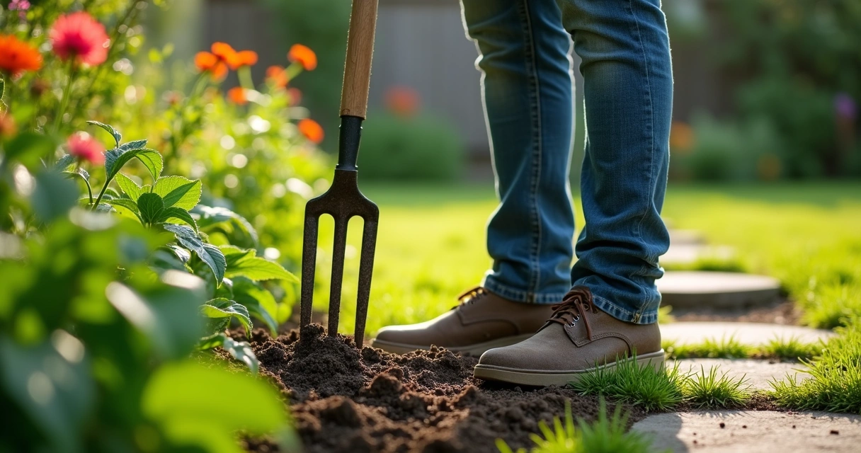 Person using garden fork to aerate soil near plants in backyard 