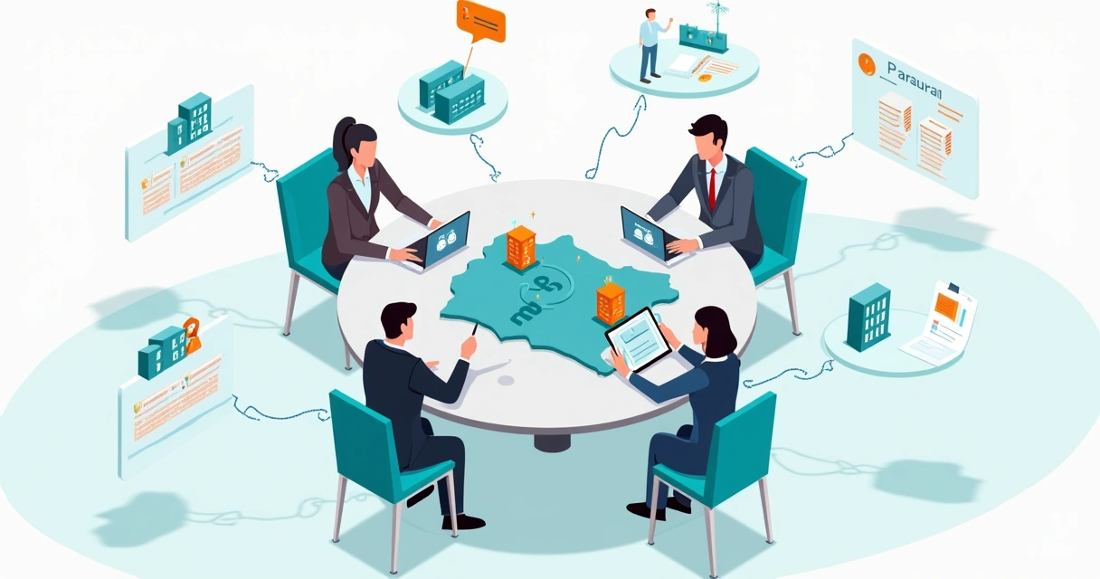 Ilustración de equipo de recursos humanos coordinando varias sucursales desde una mesa central 