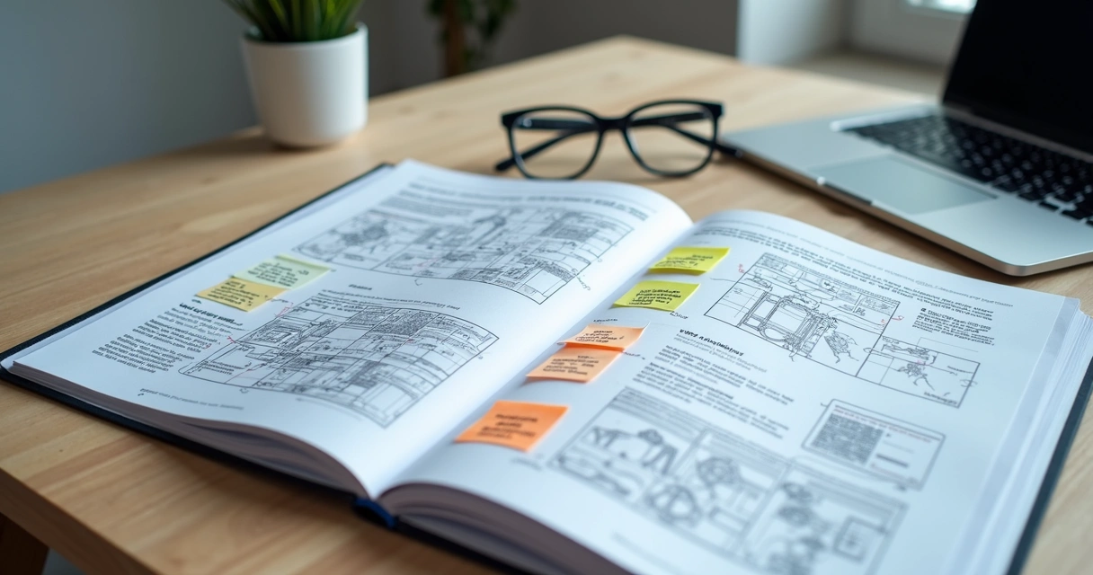 Manual técnico aberto com anotações e traduções em diferentes idiomas 