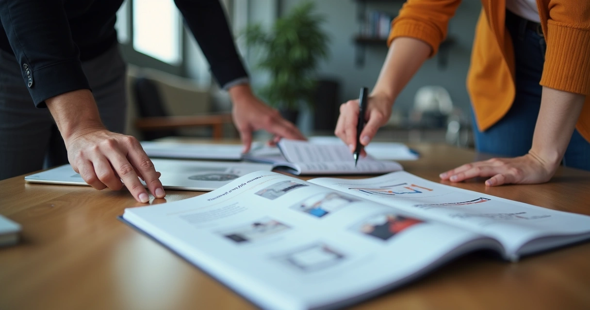 Manual sendo analisado por pequena equipe reunida 