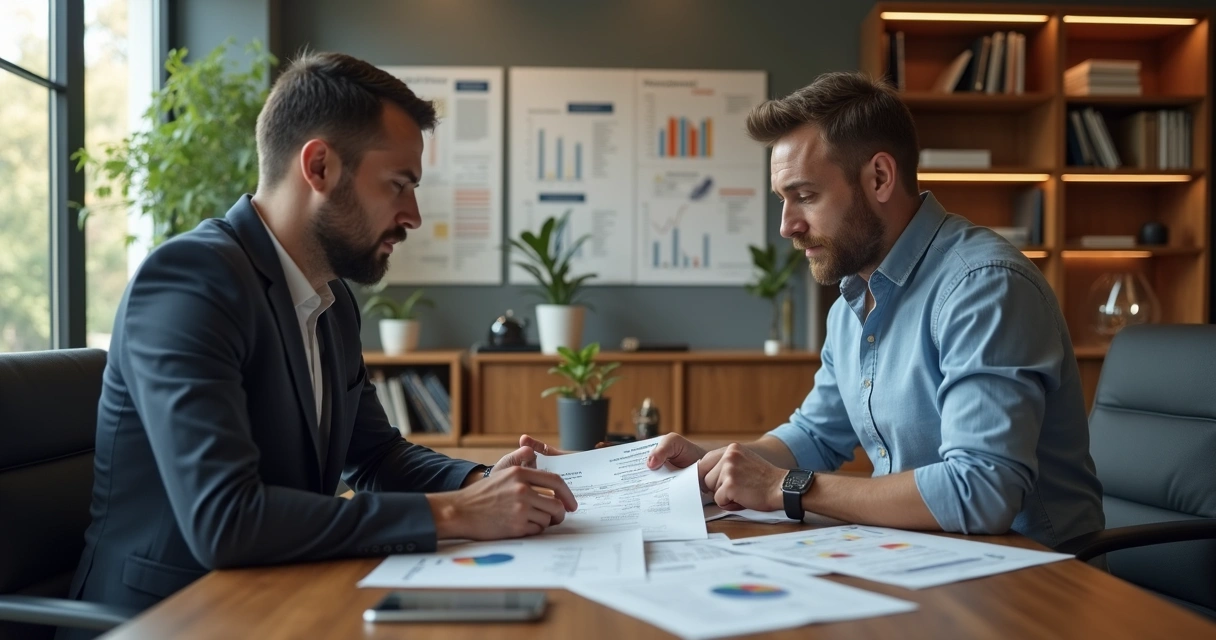 Advisor talking with client over manual underwriting documents 