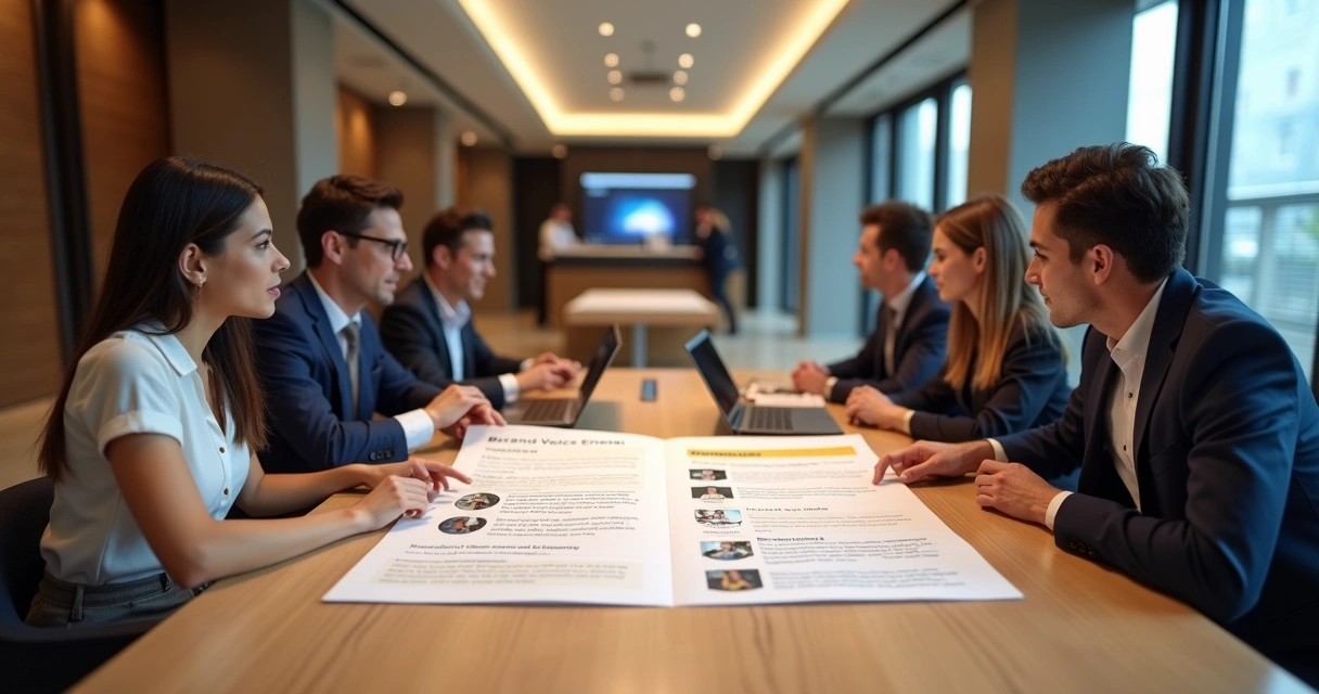 Equipe de marketing hoteleiro analisando manual de voz da marca em mesa de reunião moderna 