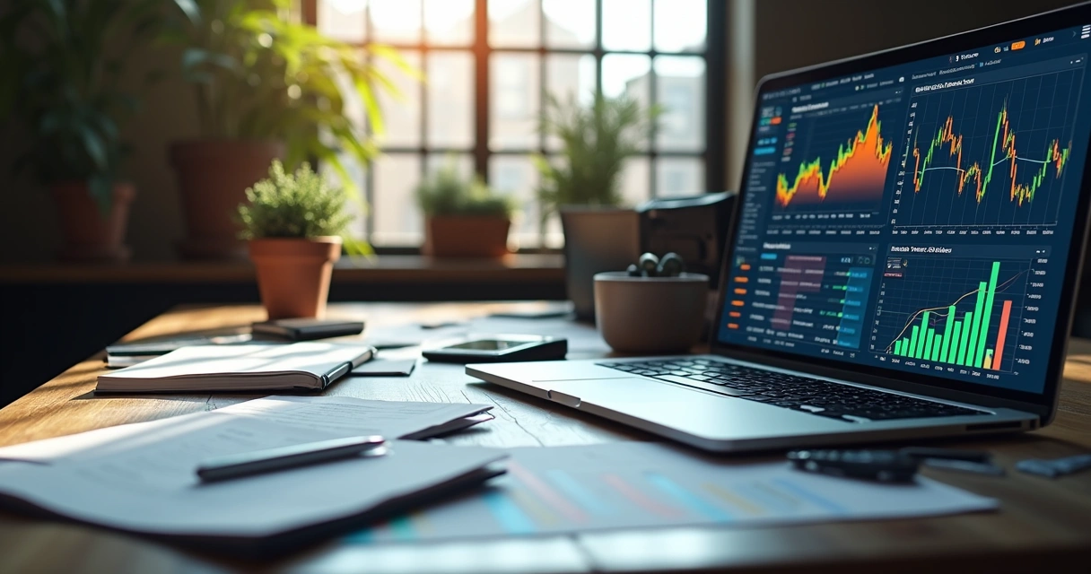 Side-by-side comparison of a cluttered office desk with spreadsheets and charts next to a sleek digital dashboard displaying AI-driven risk analytics 