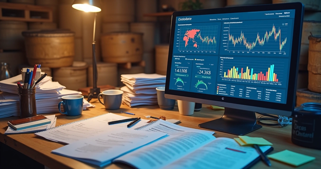 Comparison of a cluttered desk with paper spreadsheets and a clean screen showing analytics dashboard 