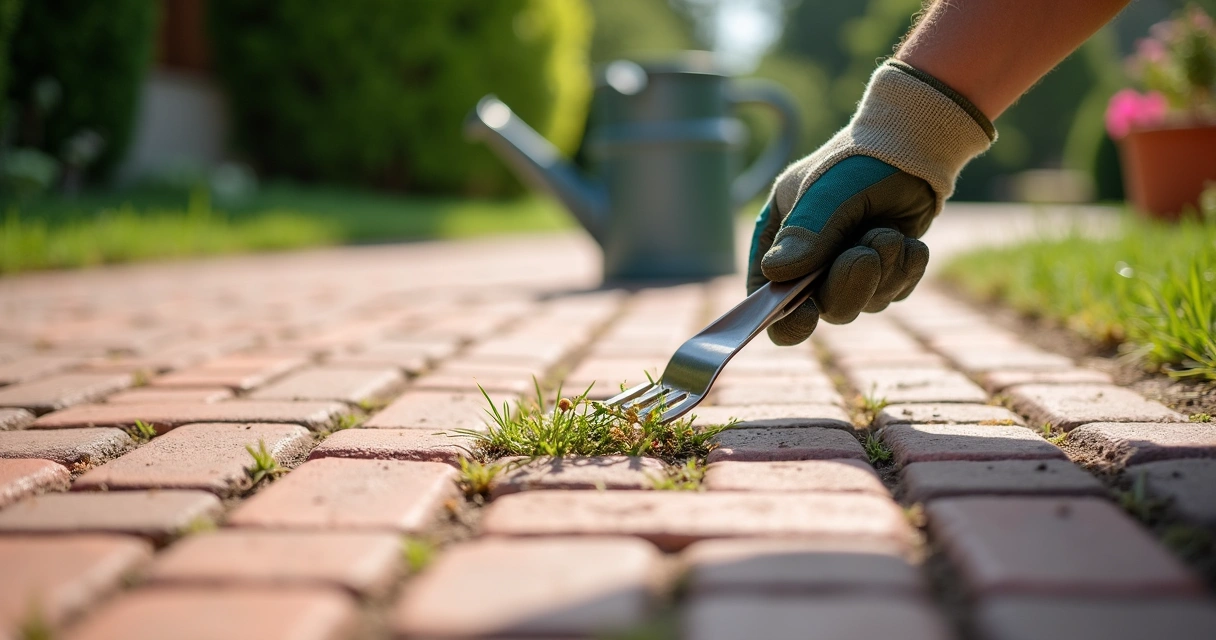 Manual weed removal from paver driveway using garden tool