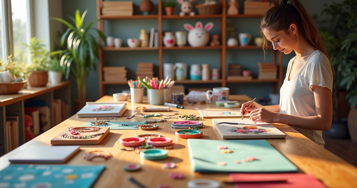 Mesa con materiales de manualidades y productos terminados 