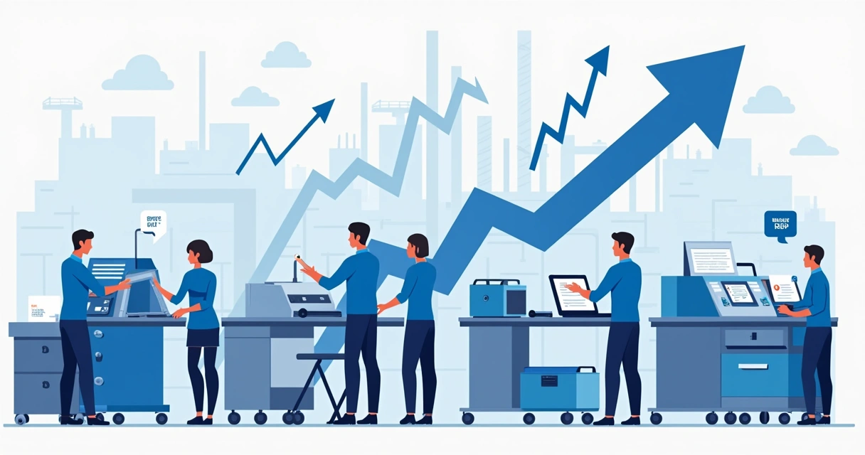 Factory workers, machines, and job growth illustrated in manufacturing industry 