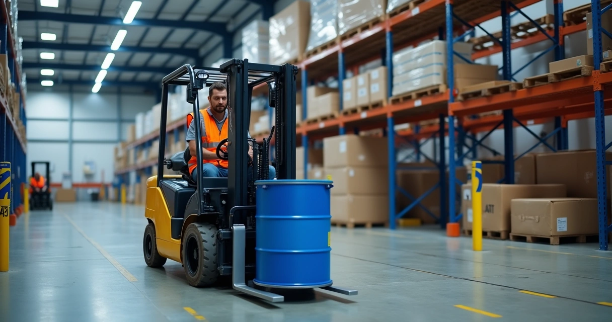 Funcionário manuseando tambor de Arla 32 com empilhadeira em ambiente industrial