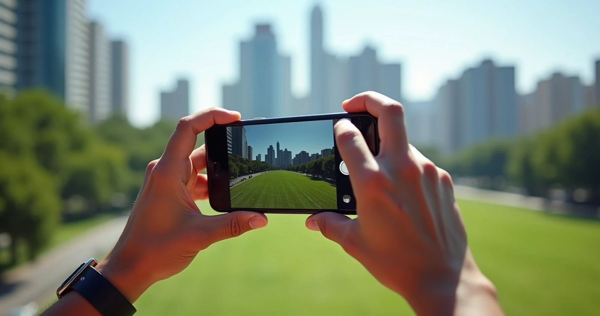 Usuário brasileiro tirando foto com smartphone nas mãos em área externa