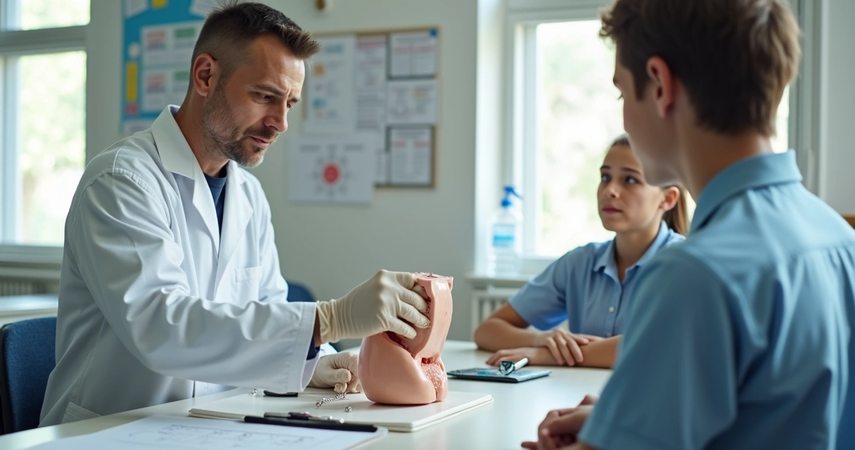 Professor orientando uso de orquidômetro em sala de aula com aluno adolescente 