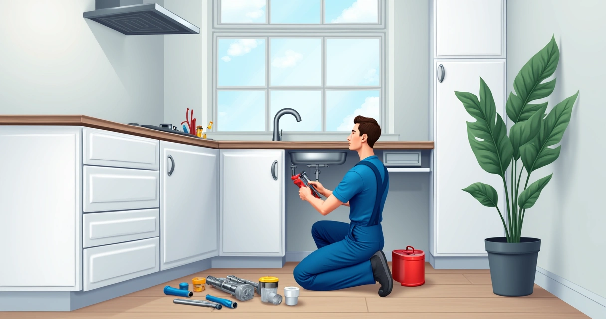 Profissional consertando encanamento em apartamento residencial