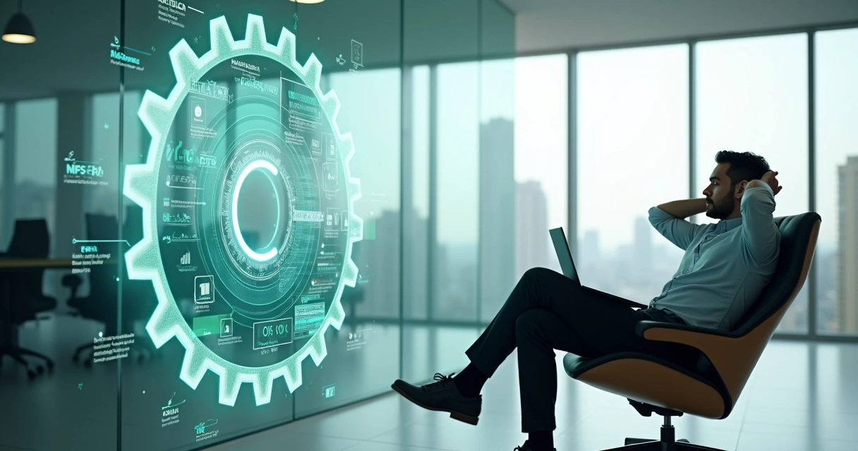 Gestor de tecnologia relaxando enquanto robôs automatizam manutenção de API fiscal em grande engrenagem digital 