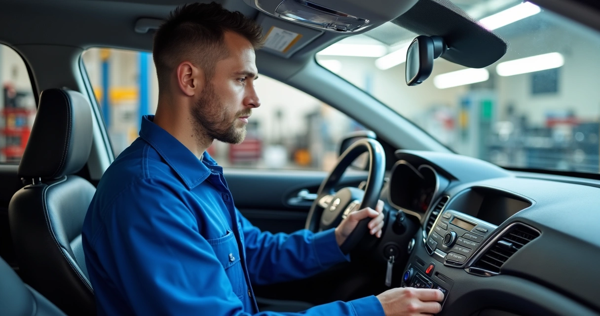 Técnico realizando manutenção no ar-condicionado de um carro moderno 