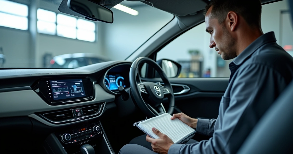 Mecânico ajustando sistema de ar condicionado em painel digital de carro moderno 