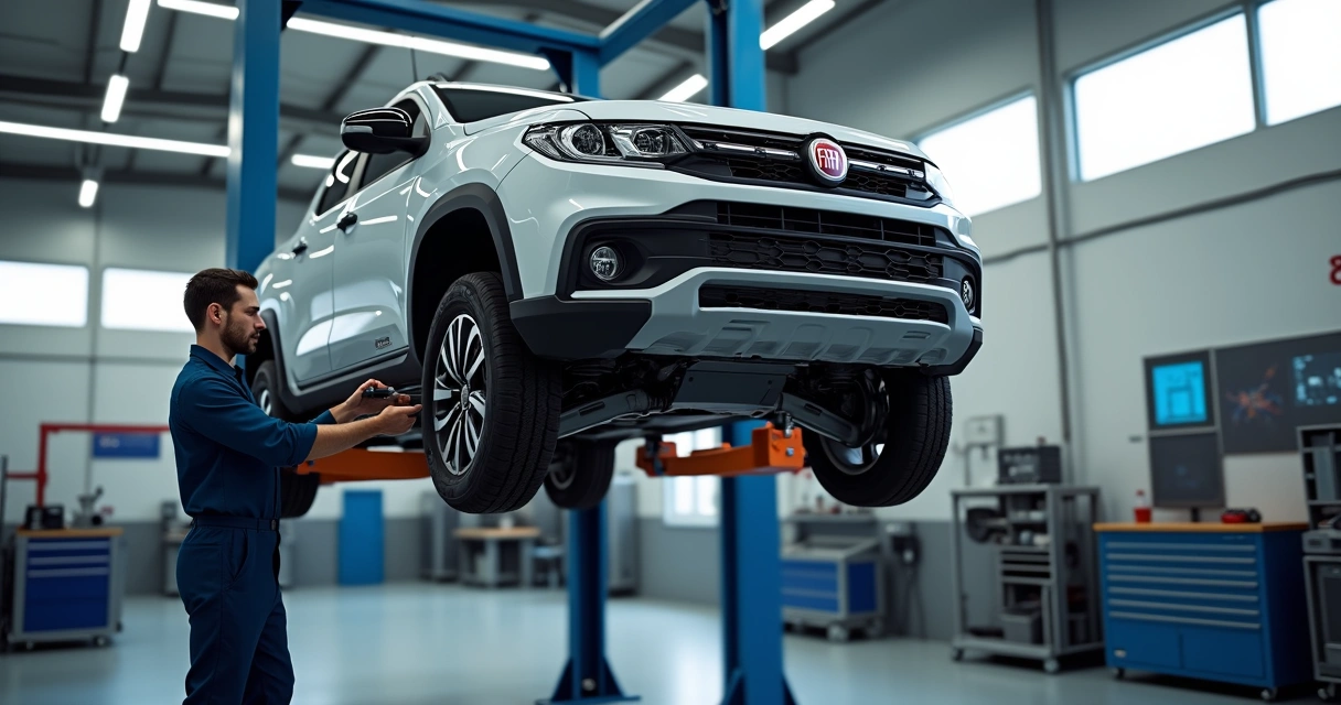 Fiat Argo levantado em elevador hidráulico em oficina automotiva com mecânico inspecionando suspensão