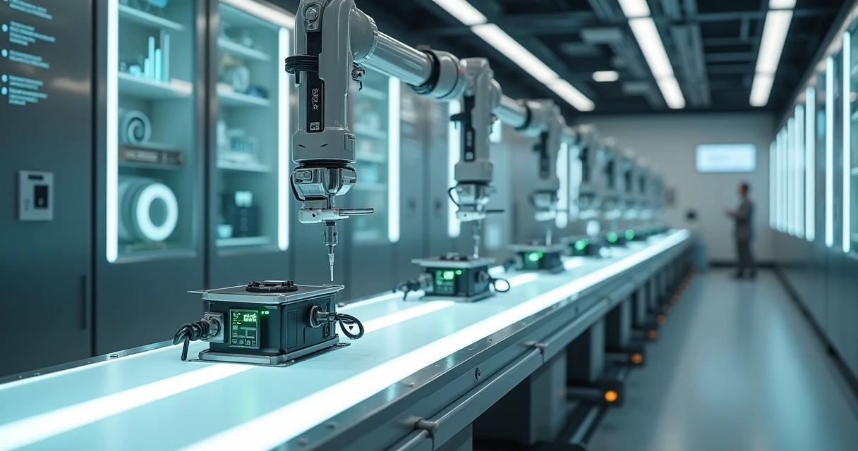 Braços robóticos realizando manutenção em sensores alinhados em esteira automatizada 