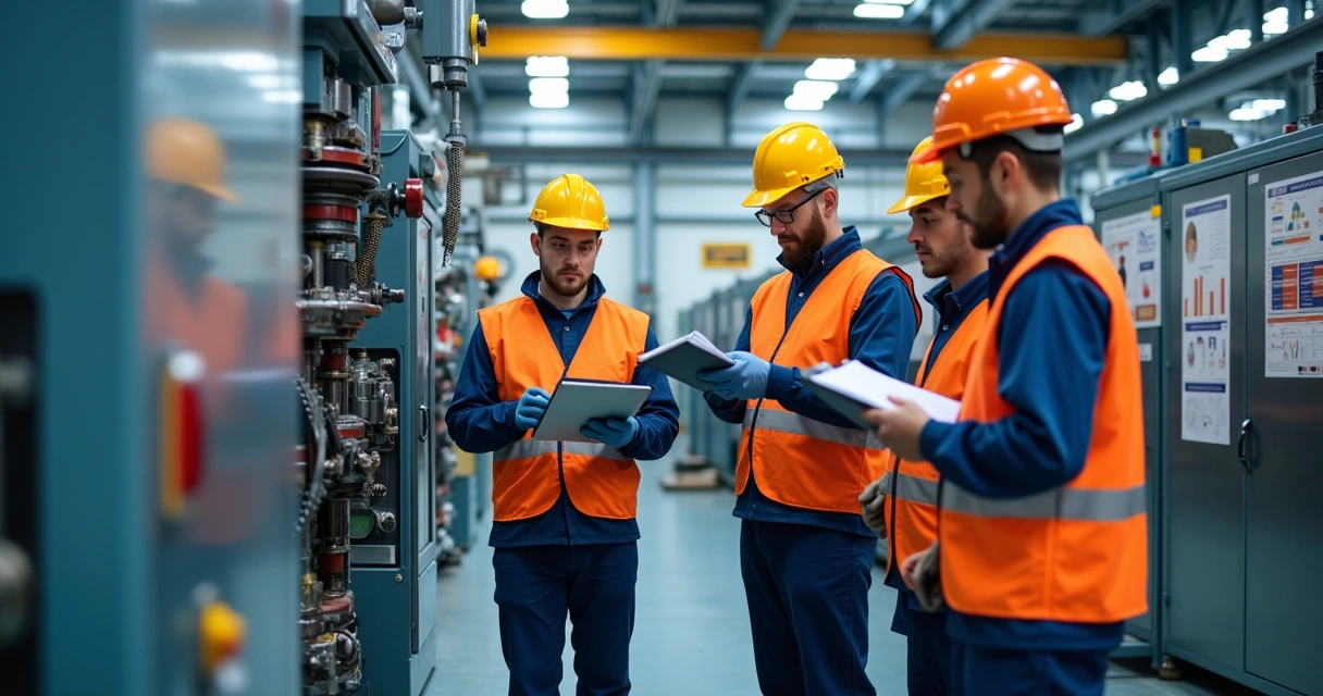 Equipe de operadores em fábrica realizando manutenção autônoma em máquina industrial 