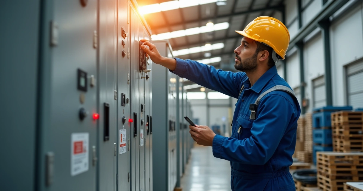 Técnico terceirizado realiza manutenção elétrica em galpão industrial 