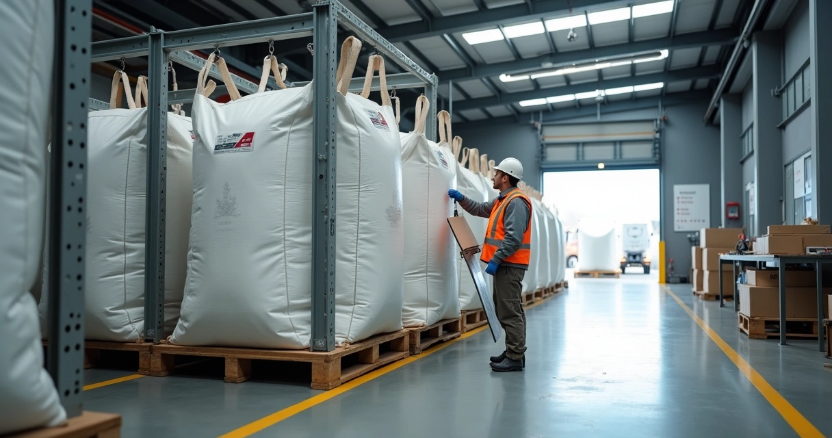 Operário ajustando big bag limpo em estrutura metálica de armazenagem 